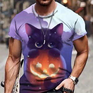 New 1 pc Halloween Series Cute Cat Print, Graphic Design Crew Neck- L